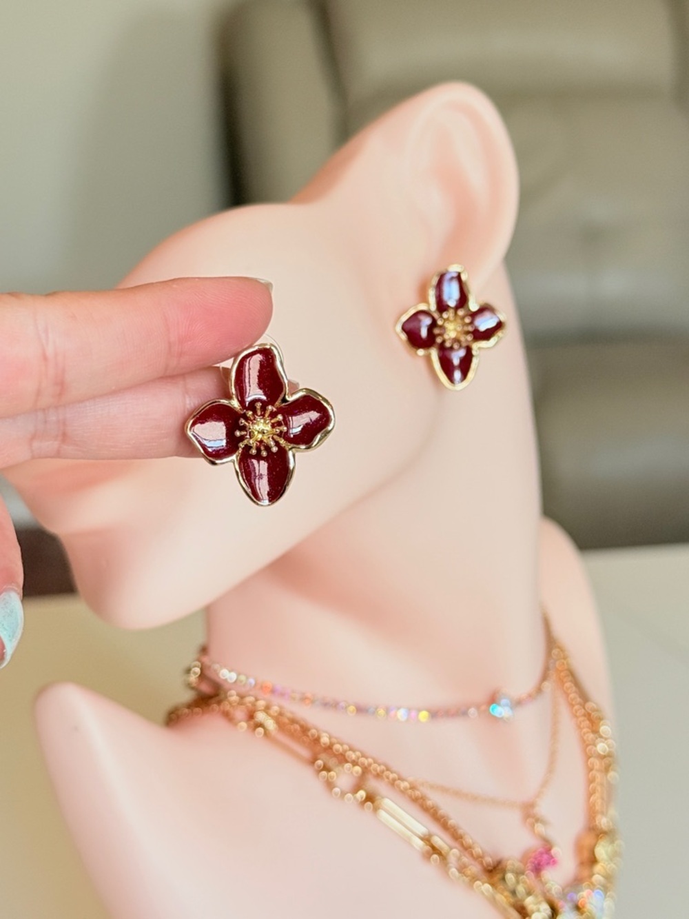 Gold and Burgundy Flower Stud Earrings - Picture 4 of 13
